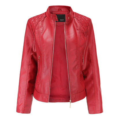 Veste en cuir femme – Coupe slim – Épaules matelassées – Col montant – Poches zippées