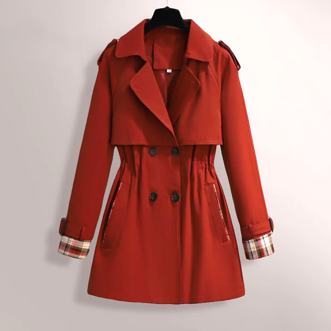 Manteau trench femme – Coupe cintrée – Double boutonnage – Poignets à boucle – Doublure à carreaux