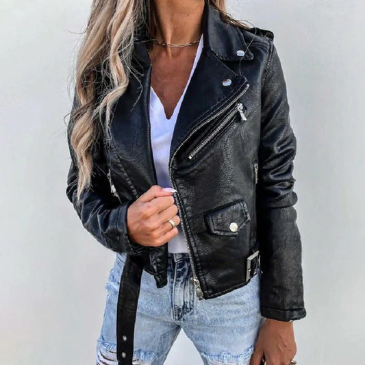 Veste biker femme – Coupe ajustée – Similicuir – Zip asymétrique – Ceinture taille