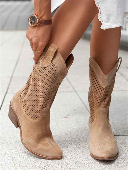 Bottes western femme – Cuir lisse – Talon moyen – Mi-mollet – Motif perforé – Zip côté
