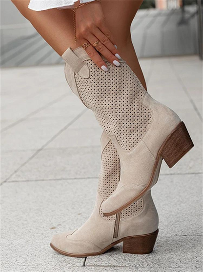 Bottes western femme – Cuir lisse – Talon moyen – Mi-mollet – Motif perforé – Zip côté