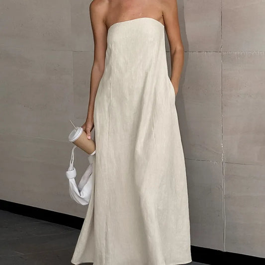 Robe femme sans bretelles – Coton lin – Coupe ample – Longue – Dos nu avec poches