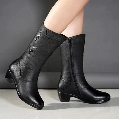 Bottes Femme - Cuir Élégant - Talon Bas Confortable - Fermeture Éclair Pratique