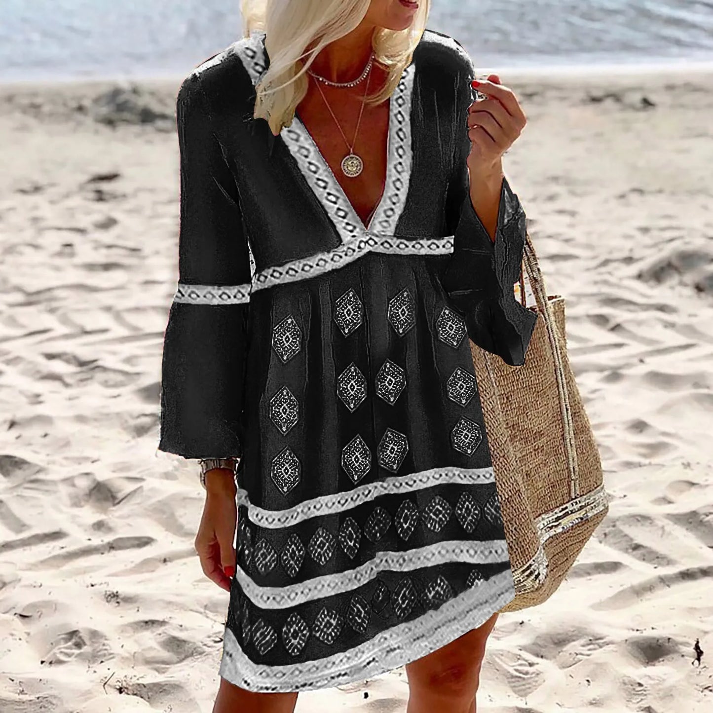 Women’s Boho V-Neck Beach Dress with Long Sleeves and Relaxed Fit