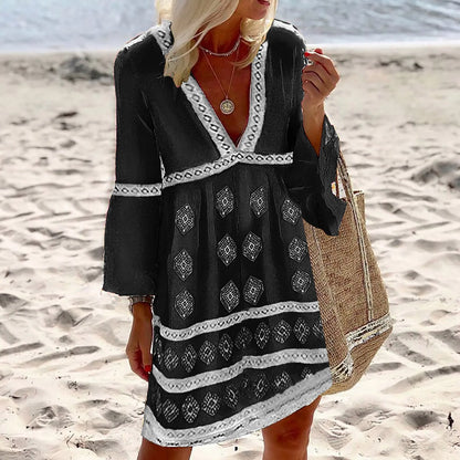 Women’s Boho V-Neck Beach Dress with Long Sleeves and Relaxed Fit