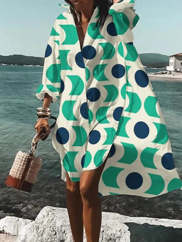 Robe Femme Ample - Imprimé Géométrique - Manches Longues - Ourlet Asymétrique - Tissu Léger