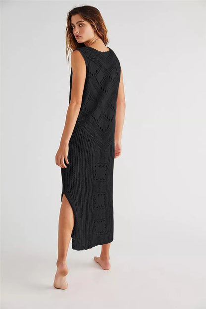 Robe Femme Maille Mesh – Coupe Décontractée – Col V – Motif Géométrique – Fente Latérale