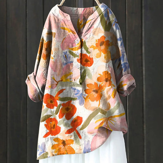 Blouse femme – Coupe décontractée – Motif floral – Manches longues retroussables – Tissu respirant