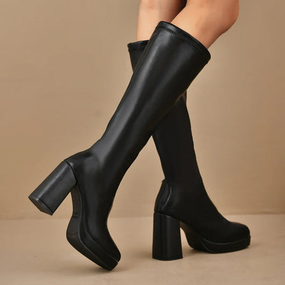 Bottes cuissardes femme – Talon large – Semelle plateforme – Coupe ajustée moderne