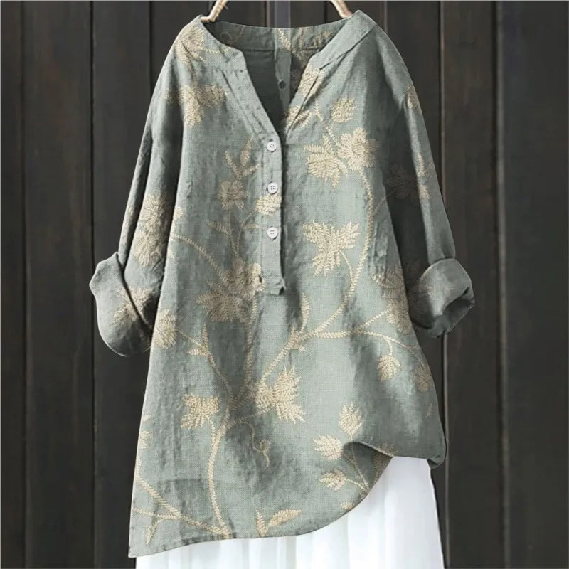 Blouse femme – Coupe décontractée – Motif floral – Manches longues retroussables – Tissu respirant