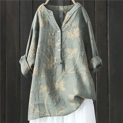 Blouse femme – Coupe décontractée – Motif floral – Manches longues retroussables – Tissu respirant