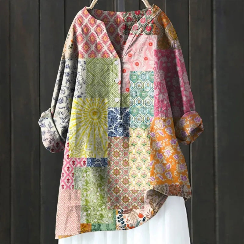 Blouse femme – Coupe décontractée – Motif floral – Manches longues retroussables – Tissu respirant