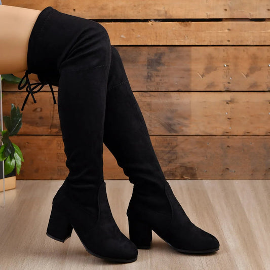 Bottes cuissardes femme – Effet suédé – Talon bloc – Bout pointu – Laçage dos