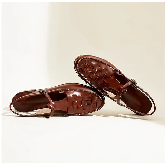 Sandales homme – Cuir véritable – Tige tressée – Bride en T – Fermeture à boucle
