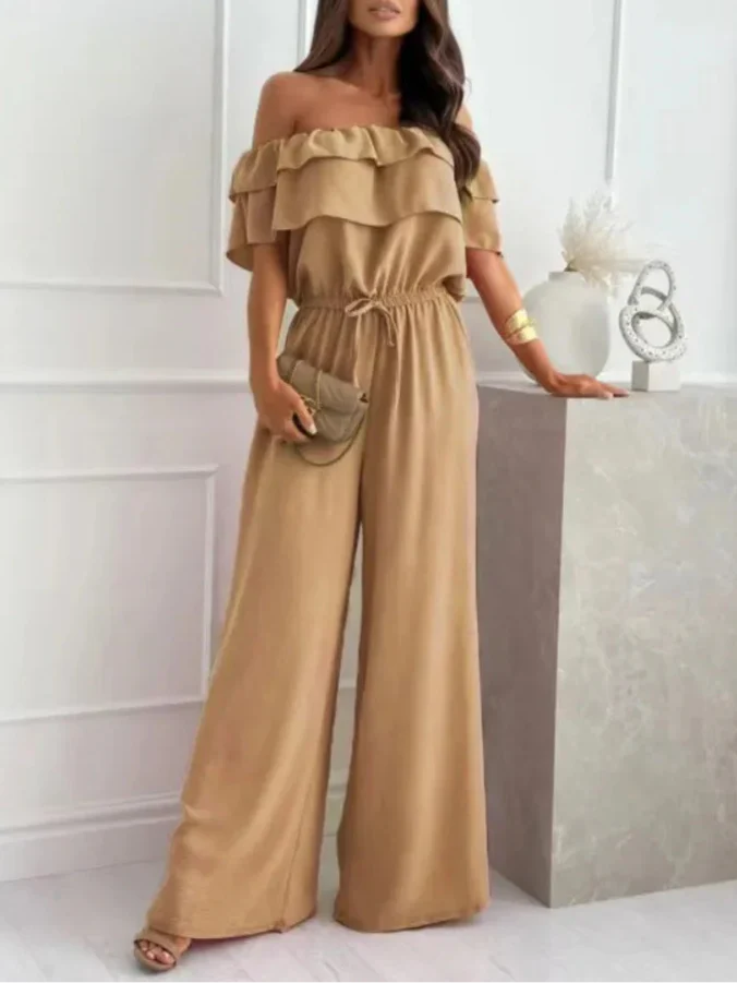 Combinaison femme – Épaules dénudées – Taille ajustable – Jambes larges fluide