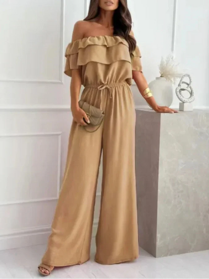 Combinaison femme – Épaules dénudées – Taille ajustable – Jambes larges fluide