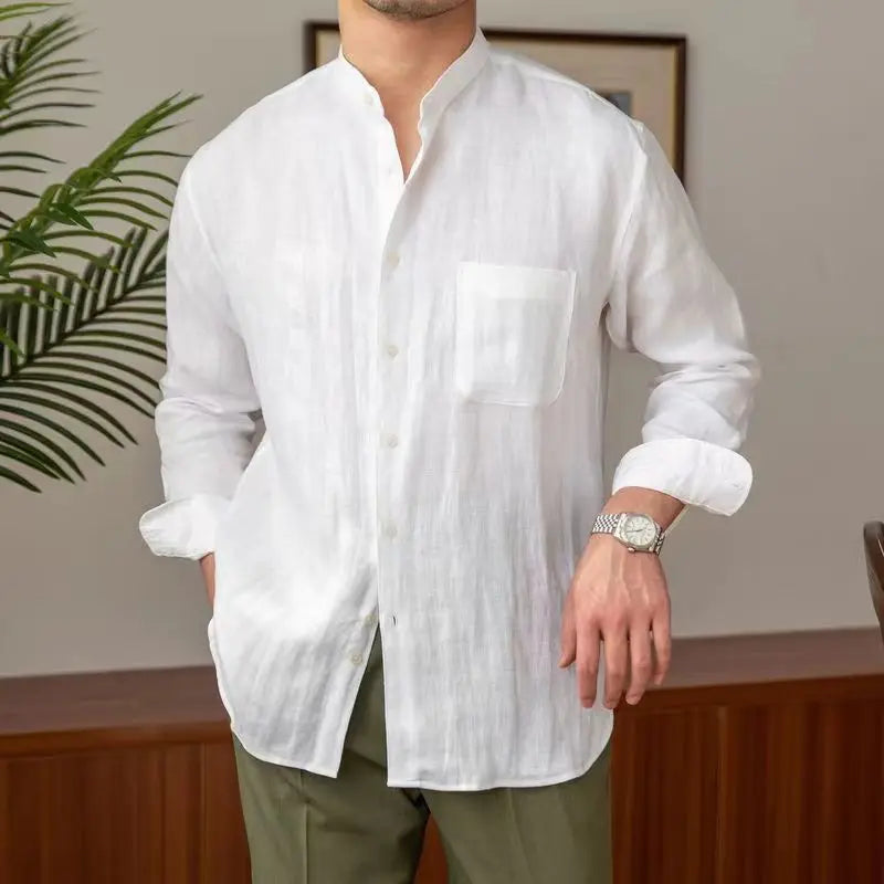 Chemise homme en lin – Coupe décontractée – Col mao – Manches longues boutonnées
