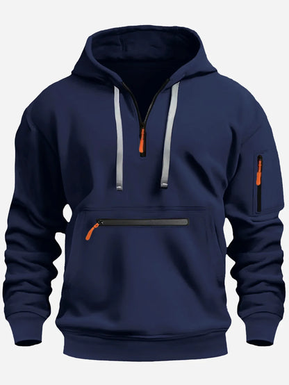 Sweat-shirt homme – Coupe ample – Polaire douce – Capuche – Demi-zip – Poches zippées