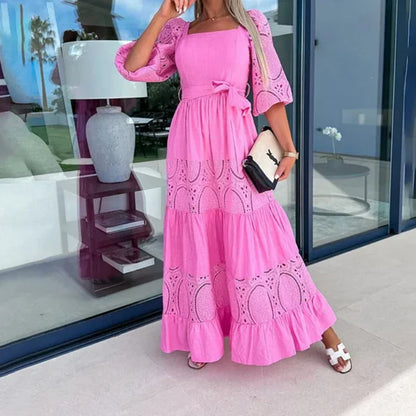 Robe Longue Femme - Encolure Carrée - Manches Dentelle 3/4 - Taille Ceinturée - Jupe Évasée