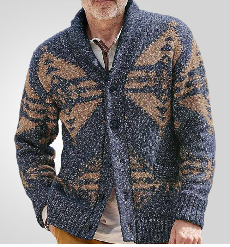 Cardigan homme – Coupe décontractée – Maille laine – Col chemise – Motif géométrique