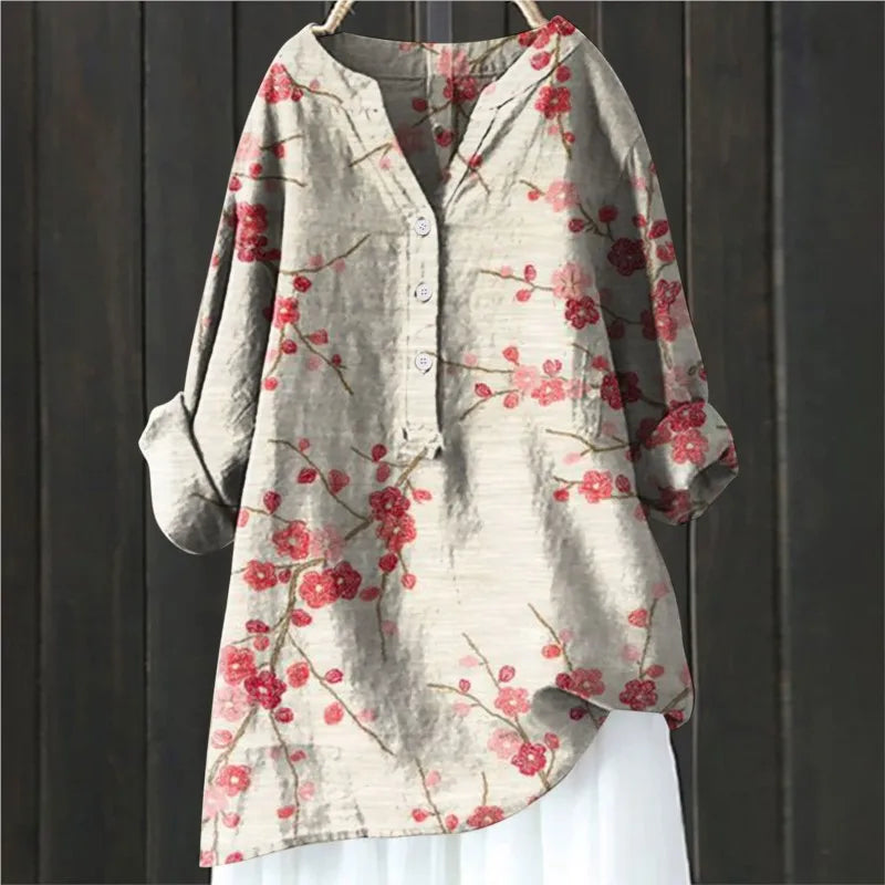 Blouse femme – Coupe décontractée – Motif floral – Manches longues retroussables – Tissu respirant