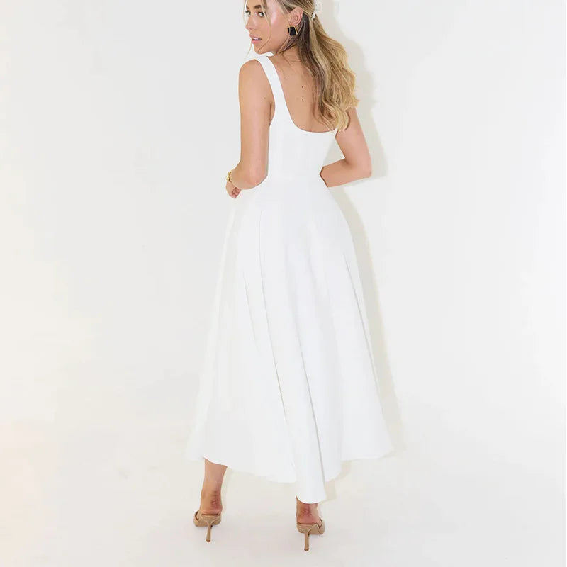 Robe Femme - Encolure Carrée - Sans Manches - Coupe Évasée Midi Élégante