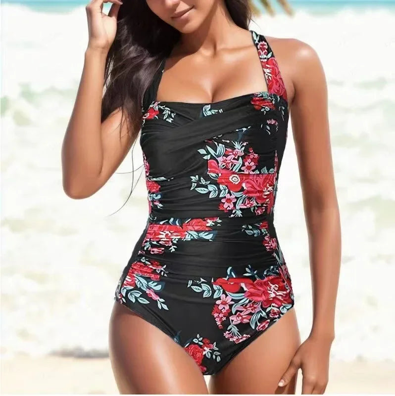 Maillot de bain femme monokini – Col licou – Fronces – Ajustable – Motif fleuri