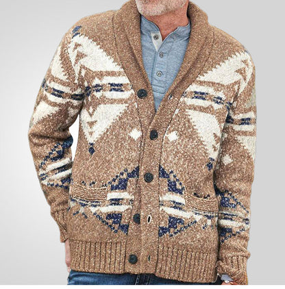 Cardigan homme – Coupe décontractée – Maille laine – Col chemise – Motif géométrique