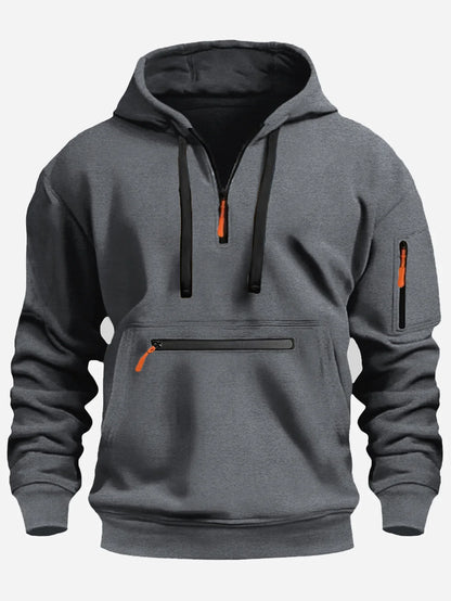 Sweat-shirt homme – Coupe ample – Polaire douce – Capuche – Demi-zip – Poches zippées