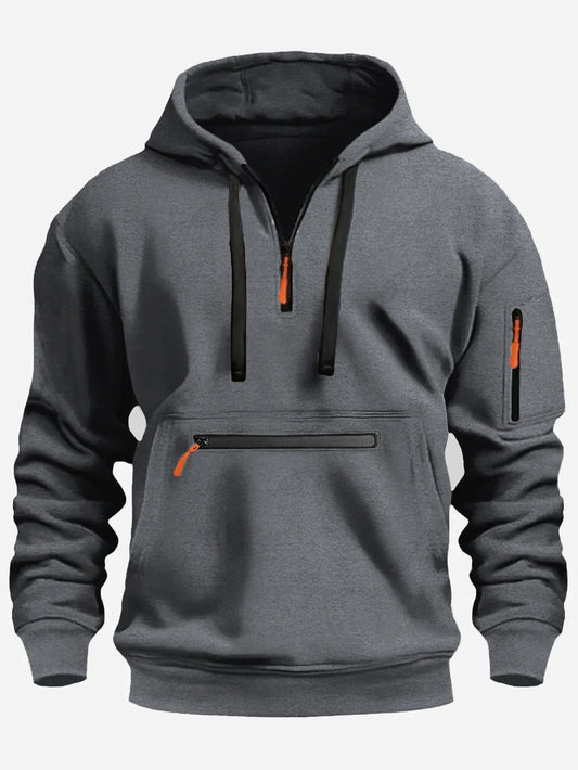 Sweat-shirt homme – Coupe ample – Polaire douce – Capuche – Demi-zip – Poches zippées