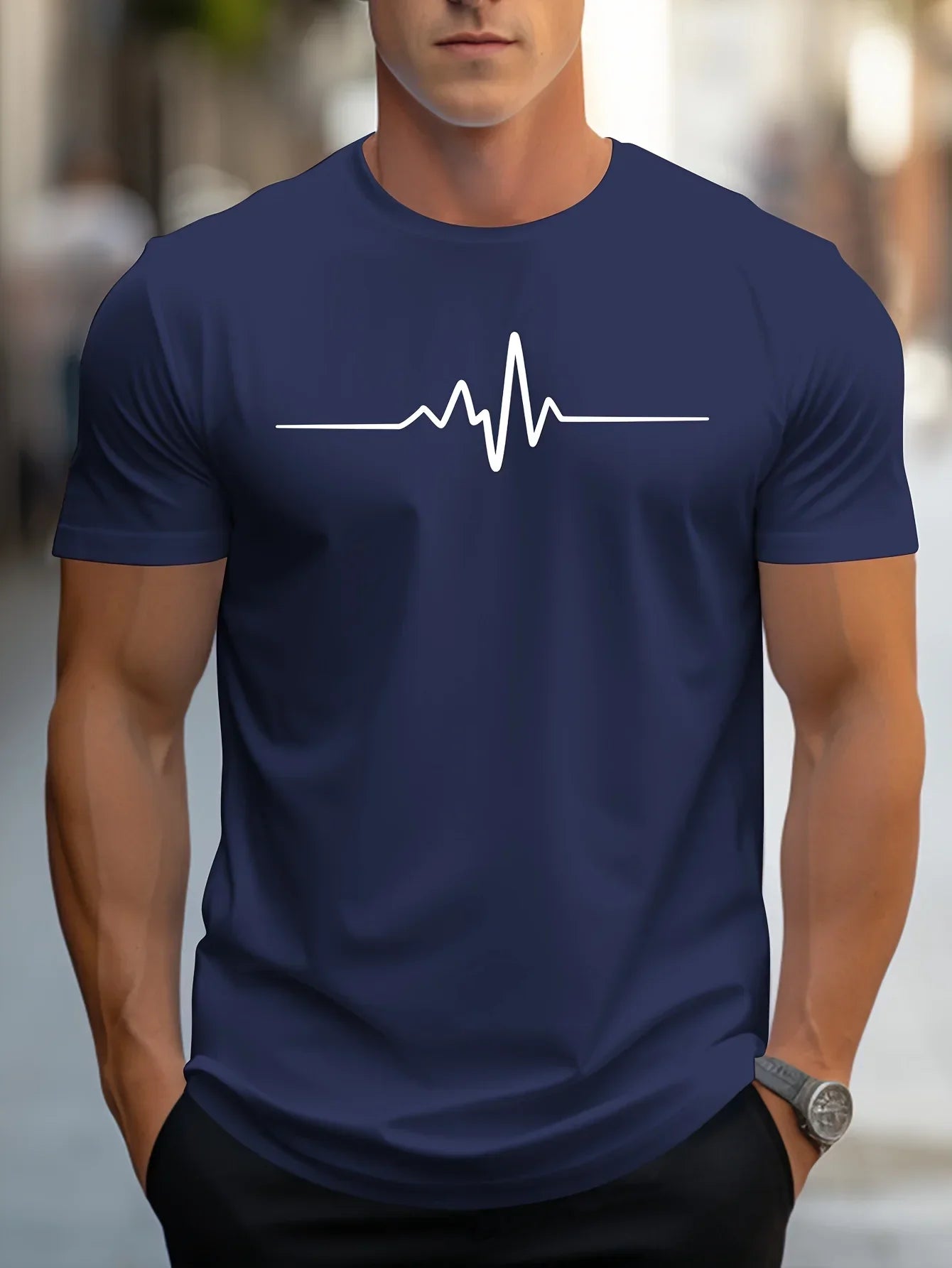 T-shirt homme – Coupe slim – Maille douce – Manches courtes – Motif heartbeat moderne
