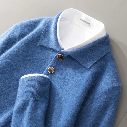 Sweatshirt homme – Maille laine – Coupe décontractée – Col polo – Bouton décoratif
