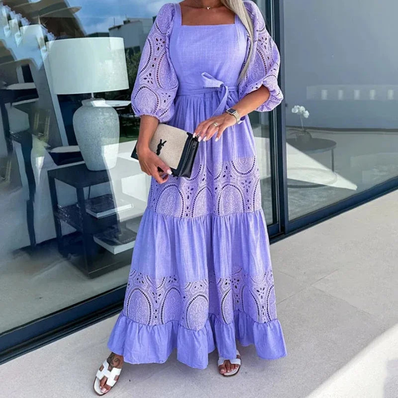 Robe Longue Femme - Encolure Carrée - Manches Dentelle 3/4 - Taille Ceinturée - Jupe Évasée