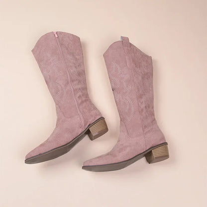 Bottes cowboy femme – Style western brodé – Suédine – Mi-mollet – Talon bas