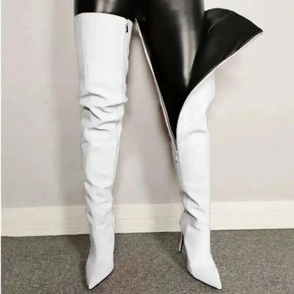 Bottes femme cuissardes – Talon haut – Bout pointu – Finition brillante – Fermeture zippée