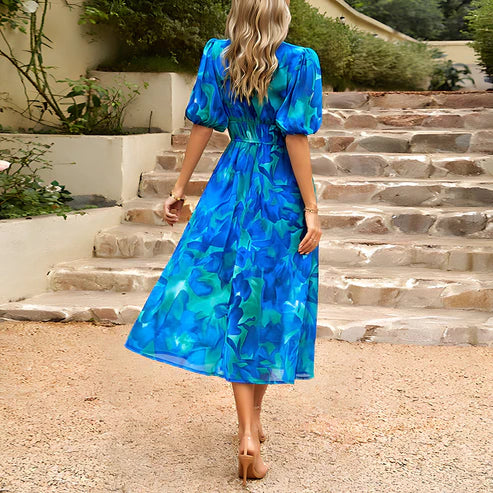 Robe Midi Femme - Motif Fleuri - Manches Courtes Bouffantes - Col V Élégant