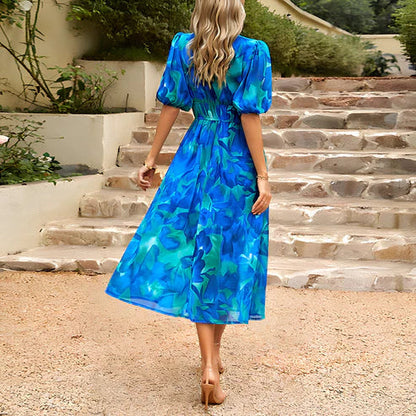 Robe Midi Femme - Motif Fleuri - Manches Courtes Bouffantes - Col V Élégant