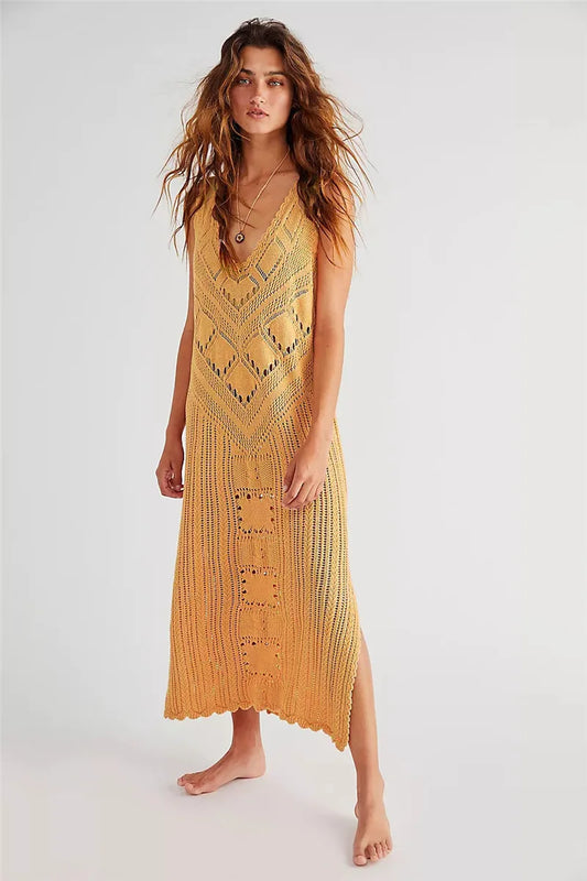 Robe Femme Maille Mesh – Coupe Décontractée – Col V – Motif Géométrique – Fente Latérale