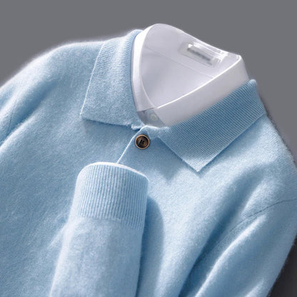 Sweatshirt homme – Maille laine – Coupe décontractée – Col polo – Bouton décoratif