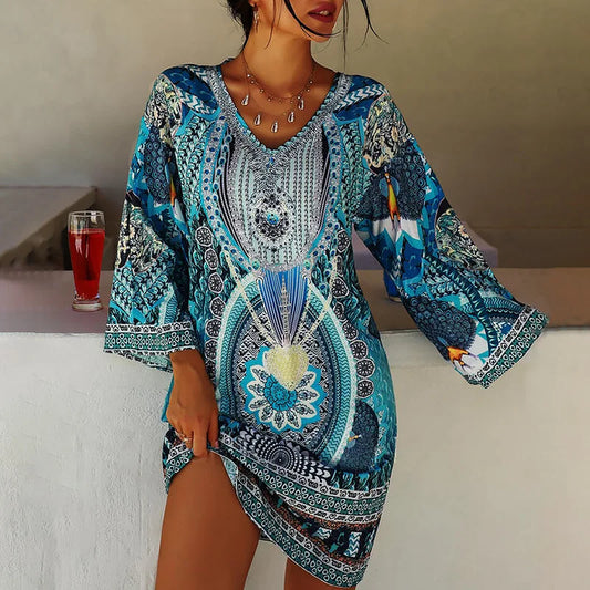 Robe Tunique Femme – Col V – Manches Amples – Tissu Léger – Motifs Bohèmes