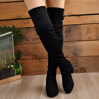 Bottes cuissardes femme – Effet suédé – Talon bloc – Bout pointu – Laçage dos