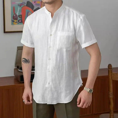 Chemise homme en lin – Coupe décontractée – Col mao – Manches longues boutonnées