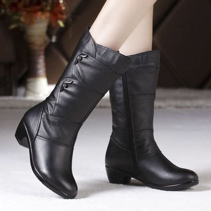 Bottes Femme - Cuir Élégant - Talon Bas Confortable - Fermeture Éclair Pratique
