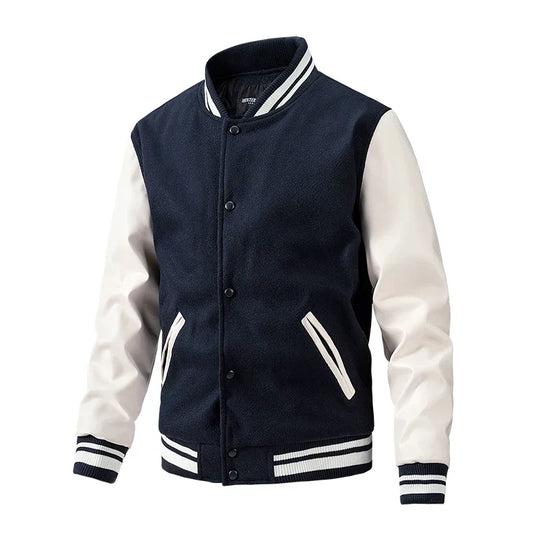 Veste homme style college – Laine mélangée – Coupe régulière – Manches contrastées – Boutons pression