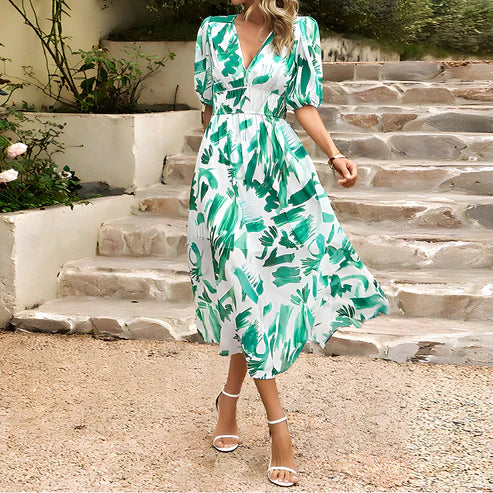 Robe Midi Femme - Motif Fleuri - Manches Courtes Bouffantes - Col V Élégant