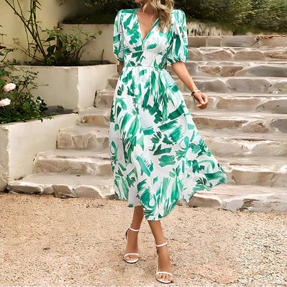 Robe Midi Femme - Motif Fleuri - Manches Courtes Bouffantes - Col V Élégant