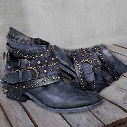 Bottines Femme – Cuir Vieilli – Brides Cloutées – Boucles – Talon Plat – Style Rock