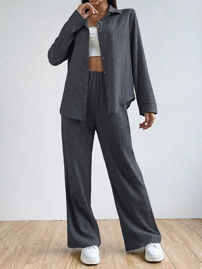 Tailleur Pantalon Femme – Tissu Respirant – Coupe Ample – Chemise Longue Manches Longues – Pantalon Droit Taille Élastique