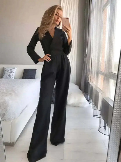 Combinaison Femme - Coupe Ajustée - Manches Longues - Décolleté V - Jambes Larges Élégantes