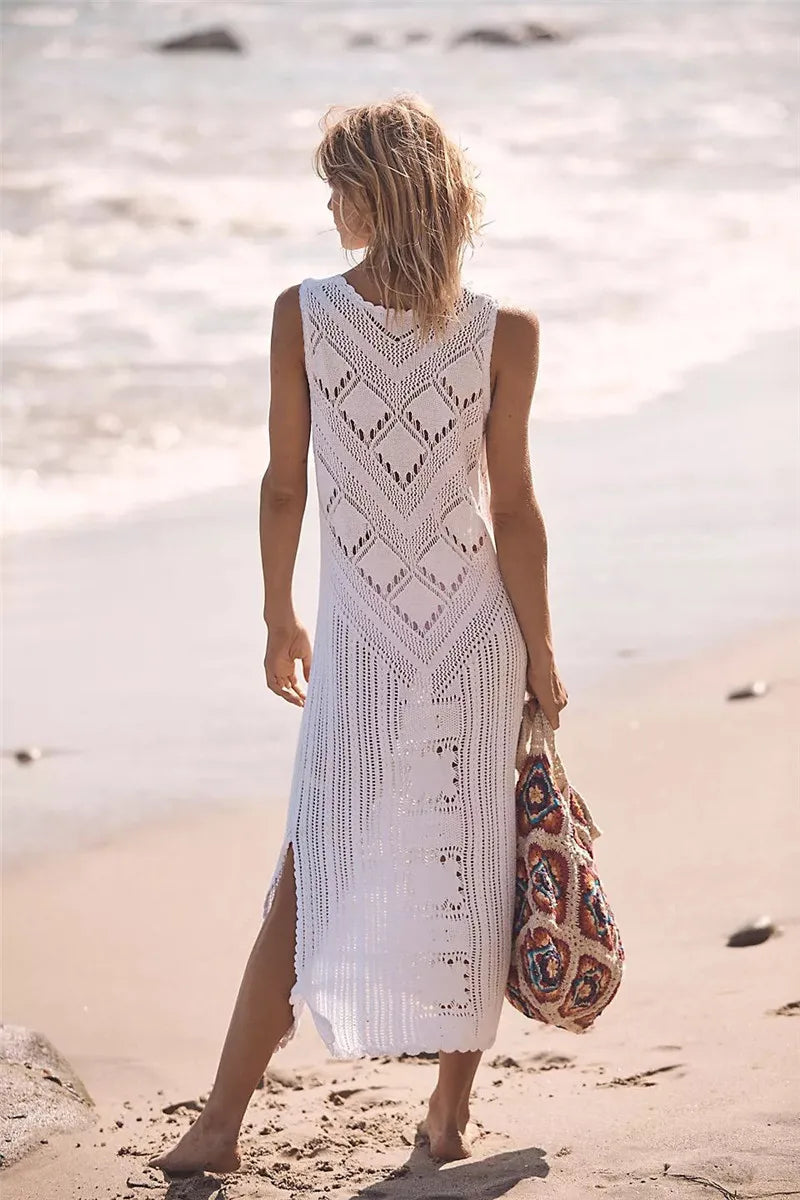 Robe Femme Maille Mesh – Coupe Décontractée – Col V – Motif Géométrique – Fente Latérale